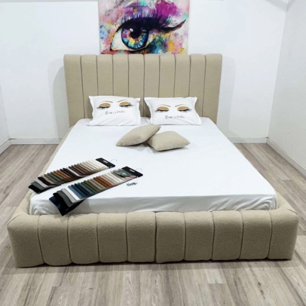 Pat tapițat cu stofă buclată, tăblie înaltă și ladă depozitare, crem - model Phoenix [1]