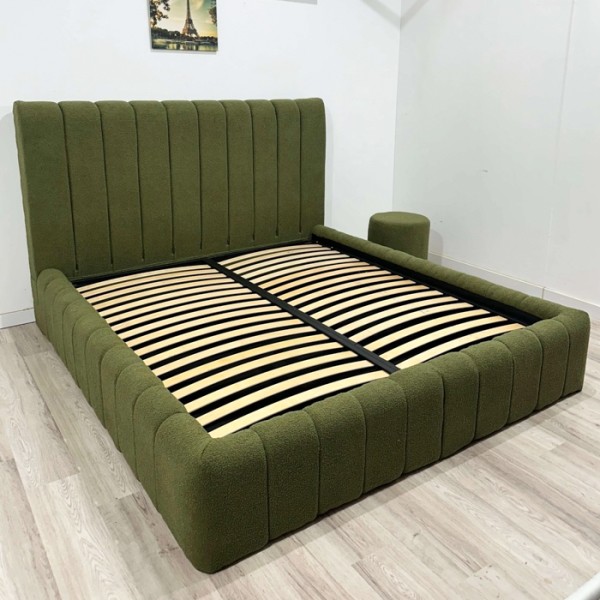 Pat tapițat cu stofă buclată, tăblie înaltă și ladă depozitare, Kaki - model Phoenix [1]