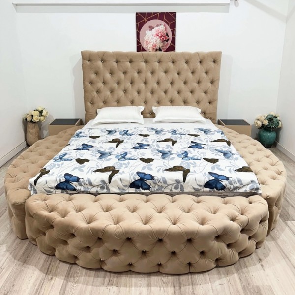 Pat Tapițat Rotund, pentru saltea de 160x200cm, Bej cu Nasturi de Sticla - model RING - cu somiera rabatabilă [1]