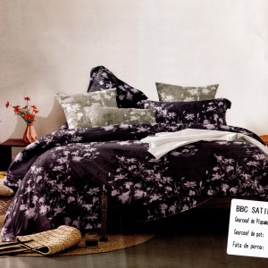 Lenjerie pat dublu, bumbac satinat, cu doua feţe, 4 piese,  Bleumarin, Gri, Flori Lenjerie pat dublu, bumbac satinat, cu doua feţe, 4 piese,  Bleumarin, Gri, Flori