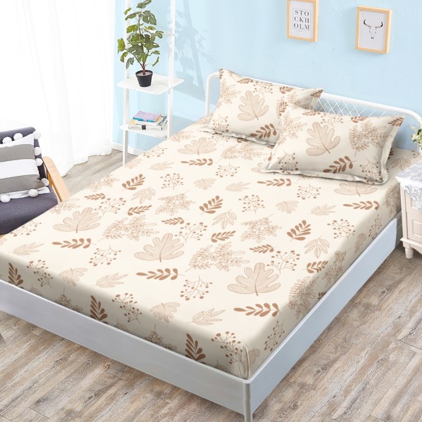 Cearsaf cu elastic, Bumbac FINET, 160x200cm, 2 fete de perne 50x70cm, Bej, Frunze [1]