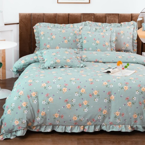 Lenjerie pat dublu,  Finet cu Volanase, CEARSAF CU ELASTIC, 6 piese, Bleu, Flori [1]