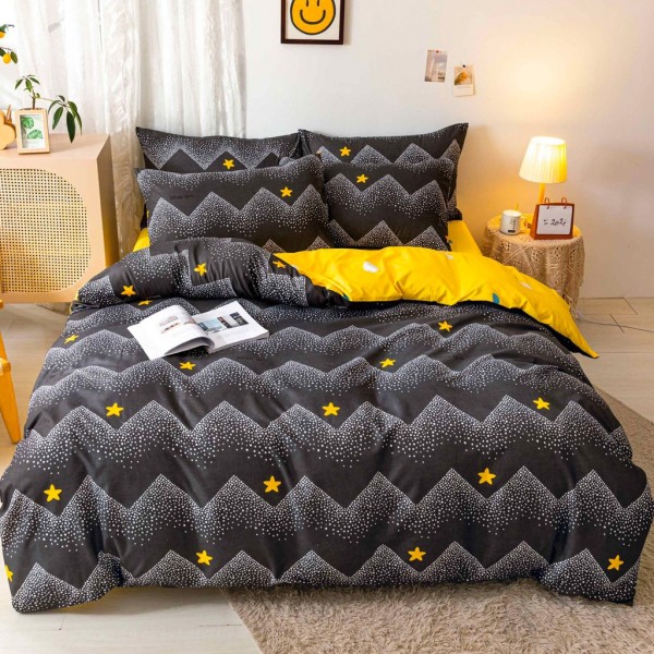 Lenjerie pat dublu cu Elastic (160x200cm si 180x200cm), bumbac satinat, Negru, Galben, stelute [1]