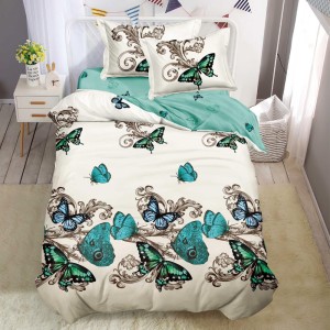 Lenjerie pat 1 PERSOANA, FINET, 4 piese, Crem, fluturi turcuaz