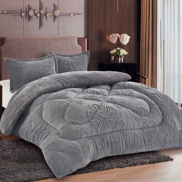 Pilota Cocolino gofrat 3D fluturi, cu blanita asortata, 200x230cm si 2 fete de perna 50x70cm, Gri [1]