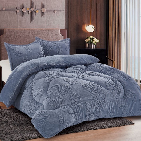 Pilota Cocolino gofrat 3D fluturi, cu blanita asortata, 200x230cm si 2 fete de perna 50x70cm, Gri albastrui [1]