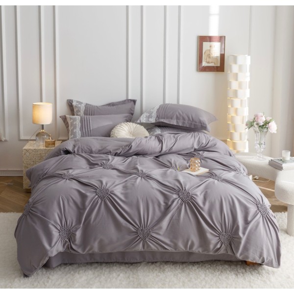 Lenjerie de Pat Premium, JOJO HOME, Finet Soft Touch, cu Inimioare din Pliuri Brodate, si Dantela Delicata, 6 Piese, Nesifonabilă și Durabilă, Gri deschis [1]