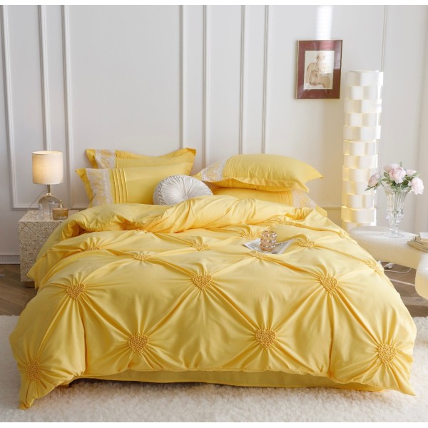 Lenjerie de Pat Premium, JOJO HOME, Finet Soft Touch, cu Inimioare din Pliuri Brodate, si Dantela Delicata, 6 Piese, Nesifonabilă și Durabilă, Galben [1]