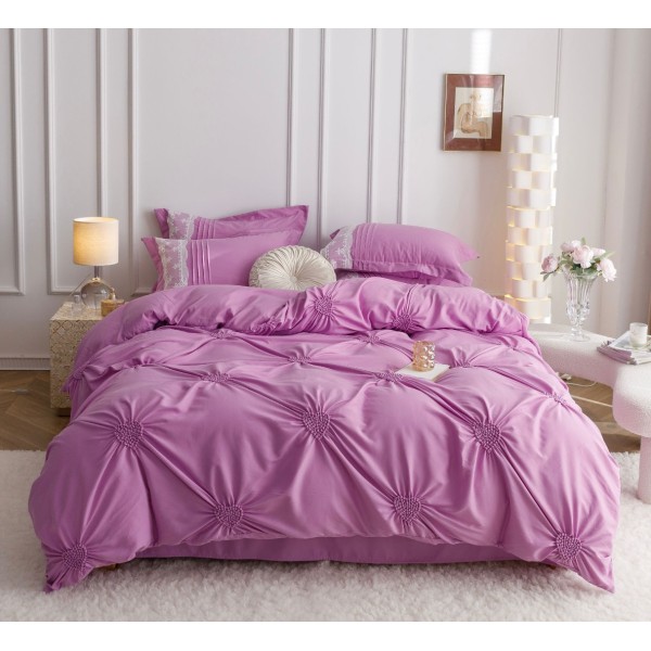 Lenjerie de Pat Premium, JOJO HOME, Finet Soft Touch, cu Inimioare din Pliuri Brodate, si Dantela Delicata, 6 Piese, Nesifonabilă și Durabilă, Roz [1]