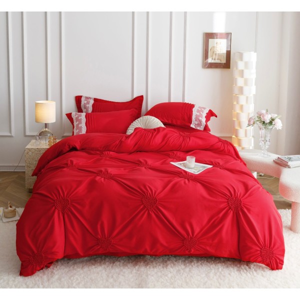 Lenjerie de Pat Premium, JOJO HOME, Finet Soft Touch, cu Inimioare din Pliuri Brodate, si Dantela Delicata, 6 Piese, Nesifonabilă și Durabilă, Rosu [1]