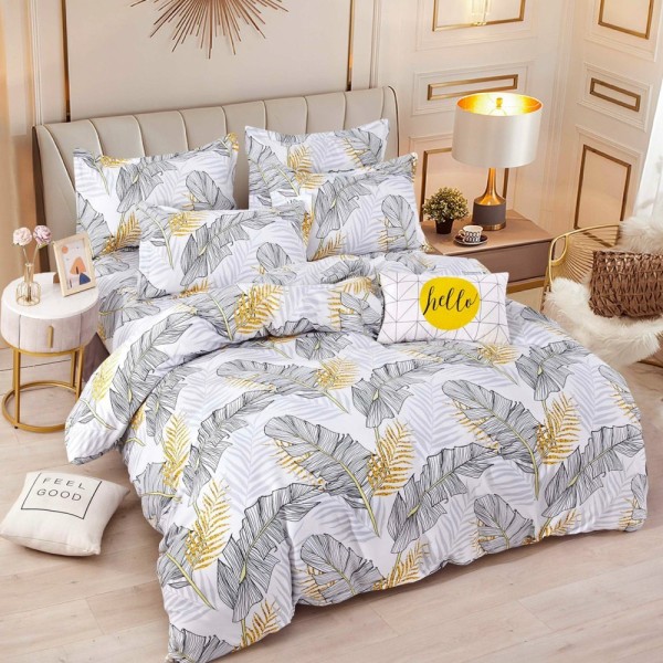 Lenjerie pat dublu, FINET, 6 piese, cu ELASTIC, Jojo Home, Alb, Gri, Frunze [1]