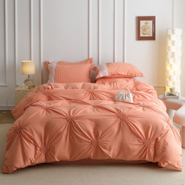 Lenjerie de Pat Premium, JOJO HOME, Finet Soft Touch, cu Inimioare din Pliuri Brodate, si Dantela Delicata, 6 Piese, Nesifonabilă și Durabilă, Somon [1]
