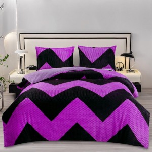 Lenjerie pat dublu, Super Pufoasa COCOLINO Creponata, 4 piese, Negru, Mov, Zig-Zag