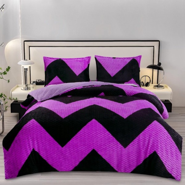 Lenjerie pat dublu, Super Pufoasa COCOLINO Creponata, 4 piese, Negru, Mov, Zig-Zag [1]