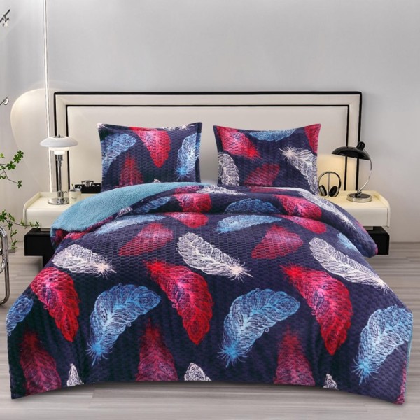 Lenjerie pat dublu, Super Pufoasa COCOLINO Creponata, 4 piese, Bleumarin, Pene Colorate [1]