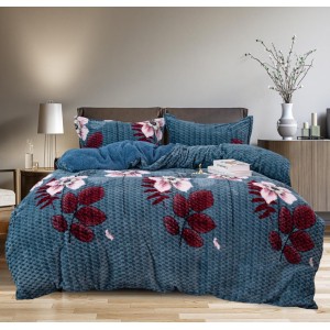 Lenjerie pat dublu, Super Pufoasa COCOLINO Creponata, 4 piese, Albastru, Flori și Frunze Lenjerie pat dublu, Super Pufoasa COCOLINO Creponata, 4 piese, Albastru, Flori și Frunze