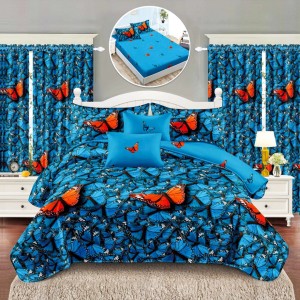 Set Lenjerie pat dublu cu Elastic + 2 draperii, finet, 8 piese, Albastru, Fluturi Set Lenjerie pat dublu cu Elastic + 2 draperii, finet, 8 piese, Albastru, Fluturi