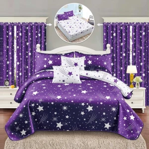 Set Lenjerie pat dublu cu Elastic + 2 draperii, finet, 8 piese, Mov, stelute Set Lenjerie pat dublu cu Elastic + 2 draperii, finet, 8 piese, Mov, stelute