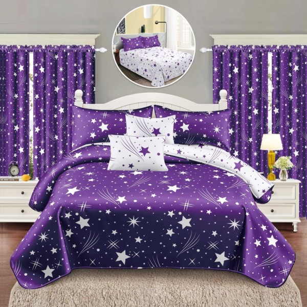 Set Lenjerie pat dublu (140x200cm, 160x200cm, 180x200cm) + 2 draperii, finet, 8 piese, Mov, Alb, ploaie de stele [1]