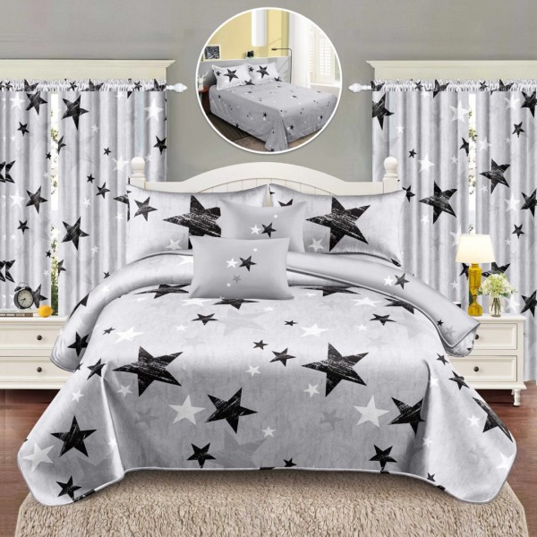 Set Lenjerie pat dublu (140x200cm, 160x200cm, 180x200cm) + 2 draperii, finet, 8 piese, Gri, stelute [1]