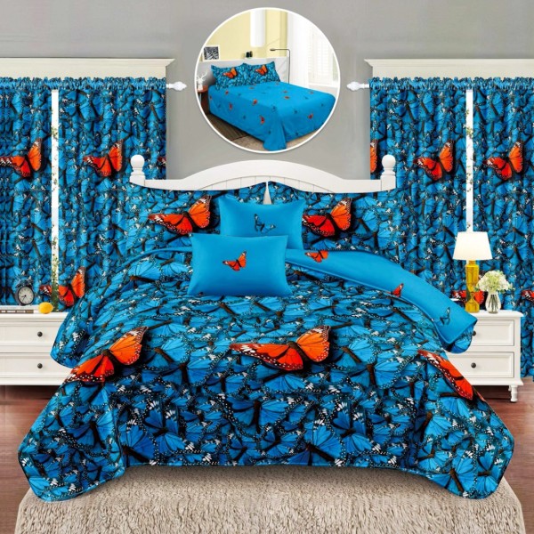 Set Lenjerie pat dublu (140x200cm, 160x200cm, 180x200cm) + 2 draperii, finet, 8 piese, Albastru, fluturi [1]