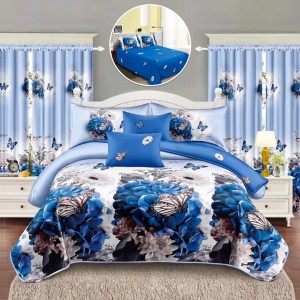 Set Lenjerie pat dublu + 2 draperii, finet, 8 piese, Alb,Albastru, flori, fluturi