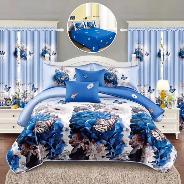 Set Lenjerie pat dublu (140x200cm, 160x200cm, 180x200cm) + 2 draperii, finet, 8 piese, Alb,Albastru, flori, fluturi [1]