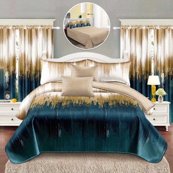Set Lenjerie pat dublu (140x200cm, 160x200cm, 180x200cm) + 2 draperii, finet, 8 piese, Bej, Verde, Model Clasic [1]