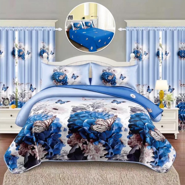 Lenjerie Pat Single, FINET, 6 piese, cu 2 DRAPERII INCLUSE, Alb, Albastru, Flori, Fluturi [1]