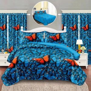 Lenjerie Pat Single, FINET, 6 piese, cu 2 DRAPERII INCLUSE, Albastru, Fluturi