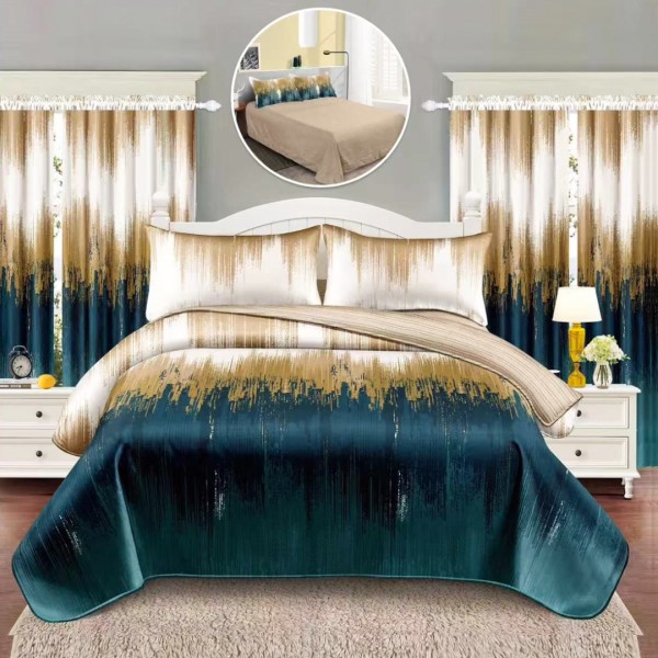 Lenjerie Pat Single, FINET, 6 piese, cu 2 DRAPERII INCLUSE, Bej, Verde [1]