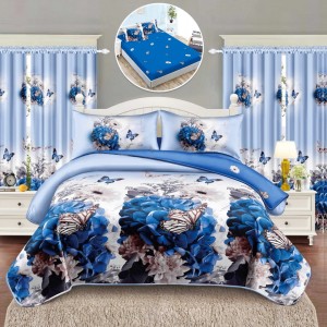 Set Lenjerie pat dublu cu Elastic (140x200cm) + 2 draperii, finet, 6 piese, Alb, Albastru, Flori, Fluturi Set Lenjerie pat dublu cu Elastic (140x200cm) + 2 draperii, finet, 6 piese, Alb, Albastru, Flori, Fluturi