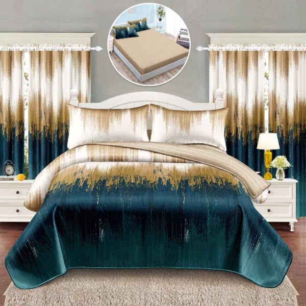 Set Lenjerie pat dublu cu Elastic (140x200cm) + 2 draperii, finet, 6 piese, Bej, Verde, Model Clasic [1]