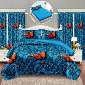 Set Lenjerie pat dublu cu Elastic (140x200cm) + 2 draperii, finet, 6 piese, Albastru, Fluturi Set Lenjerie pat dublu cu Elastic (140x200cm) + 2 draperii, finet, 6 piese, Albastru, Fluturi