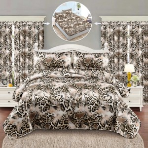 Set Lenjerie pat dublu cu Elastic (140x200cm) + 2 draperii, finet, 6 piese, Bej, Negru, Animal Print Set Lenjerie pat dublu cu Elastic (140x200cm) + 2 draperii, finet, 6 piese, Bej, Negru, Animal Print