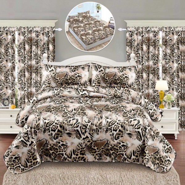 Set Lenjerie pat dublu cu Elastic (140x200cm) + 2 draperii, finet, 6 piese, Bej, Negru, Animal Print [1]