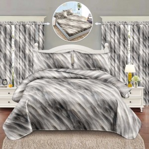 Set Lenjerie pat dublu cu Elastic (140x200cm) + 2 draperii, finet, 6 piese, Gri, Model Clasic