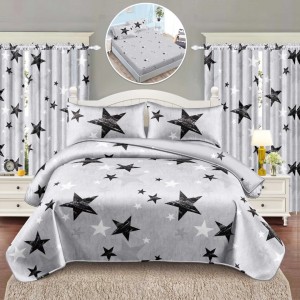 Set Lenjerie pat dublu cu Elastic (140x200cm) + 2 draperii, finet, 6 piese, Gri, Stelute