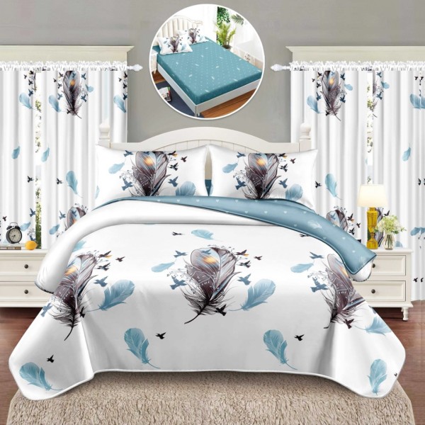 Set Lenjerie pat dublu cu Elastic (140x200cm) + 2 draperii, finet, 6 piese, Alb, Bleu, Pene [1]