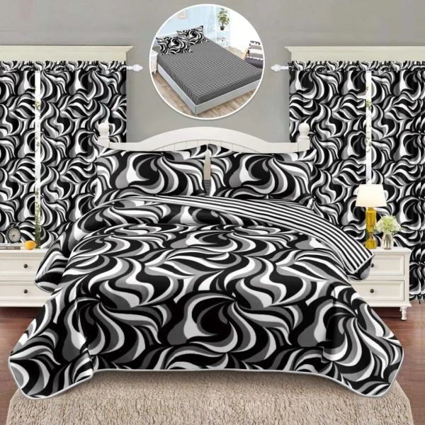 Set Lenjerie pat dublu cu Elastic (140x200cm) + 2 draperii, finet, 6 piese, Alb, Negru, Model Clasic [1]