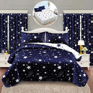 Set Lenjerie pat dublu cu Elastic (140x200cm) + 2 draperii, finet, 6 piese, Bleumarin, Stelute