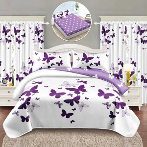 Set Lenjerie pat dublu cu Elastic (140x200cm) + 2 draperii, finet, 6 piese, Alb, Mov, Fluturi Set Lenjerie pat dublu cu Elastic (140x200cm) + 2 draperii, finet, 6 piese, Alb, Mov, Fluturi