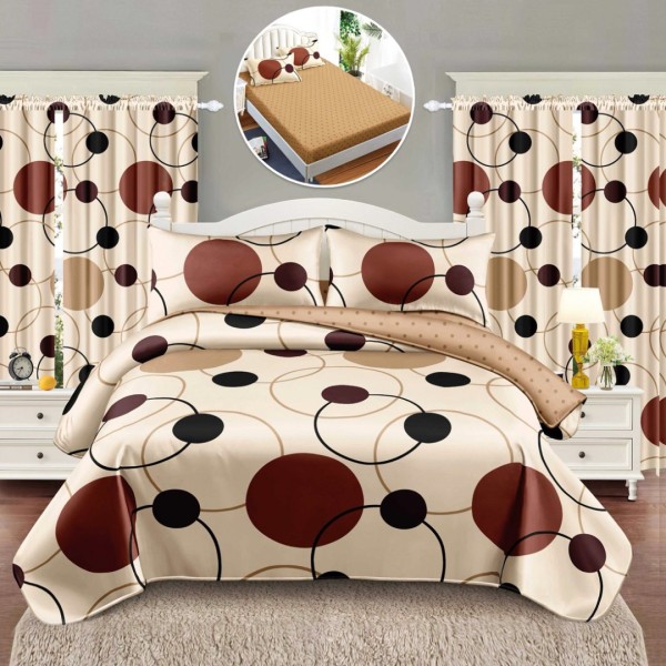 Set Lenjerie pat dublu cu Elastic (140x200cm) + 2 draperii, finet, 6 piese, Bej, Maro, Cercuri, Buline [1]
