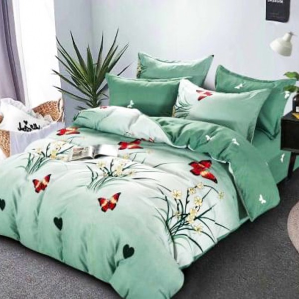 Lenjerie pat dublu (140x200cm, 160x200cm, 180x200cm), FINET Satinat, 6 piese, Aqua, Flori, Fluturi [1]