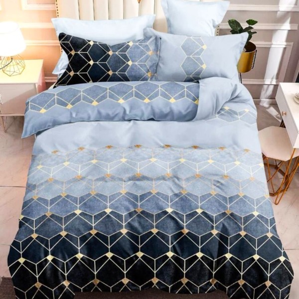 Lenjerie pat dublu (140x200cm, 160x200cm, 180x200cm), FINET Satinat, 6 piese, Albastru, Forme Geometrice [1]