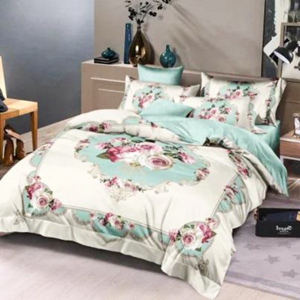 Lenjerie pat dublu (140x200cm, 160x200cm, 180x200cm), FINET Satinat, 6 piese, Crem, Bleu, Flori [1]