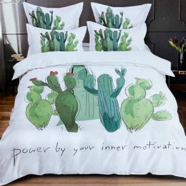 Lenjerie pat dublu (140x200cm, 160x200cm, 180x200cm), FINET Satinat, 6 piese, Alb, Verde, Cactusi [1]