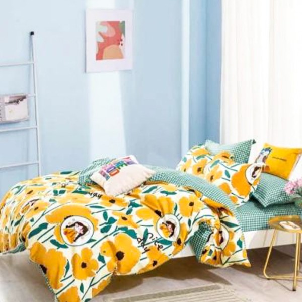 Lenjerie pat dublu (140x200cm, 160x200cm, 180x200cm), FINET Satinat, 6 piese, Alb, Galben, Flori [1]