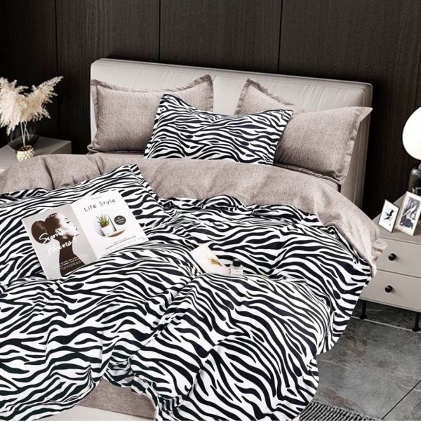 Lenjerie pat dublu (140x200cm, 160x200cm, 180x200cm), FINET Satinat, 6 piese, Alb, Negru, Zebra Print [1]
