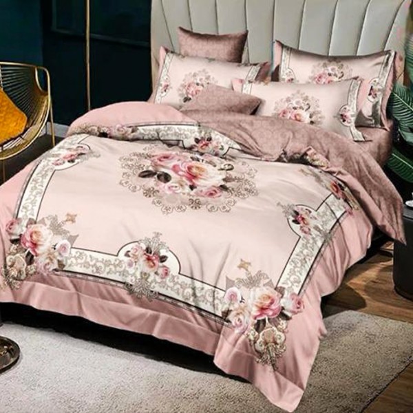 Lenjerie pat dublu (140x200cm, 160x200cm, 180x200cm), FINET Satinat, 6 piese, Cappuccino, Flori [1]